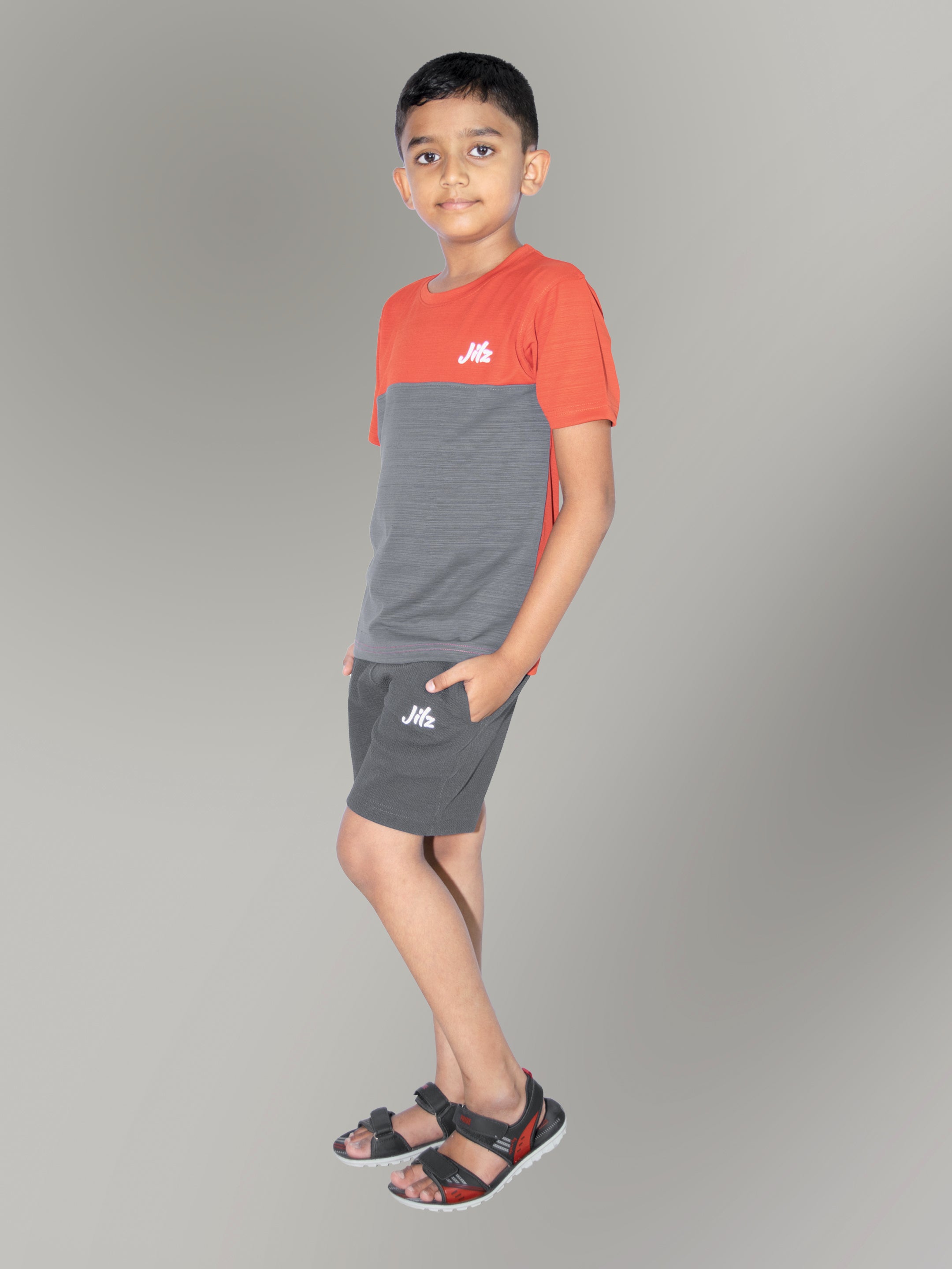 Jilz Boys Dry Fit T-Shirt and Shorts Combo - Orange, Grey