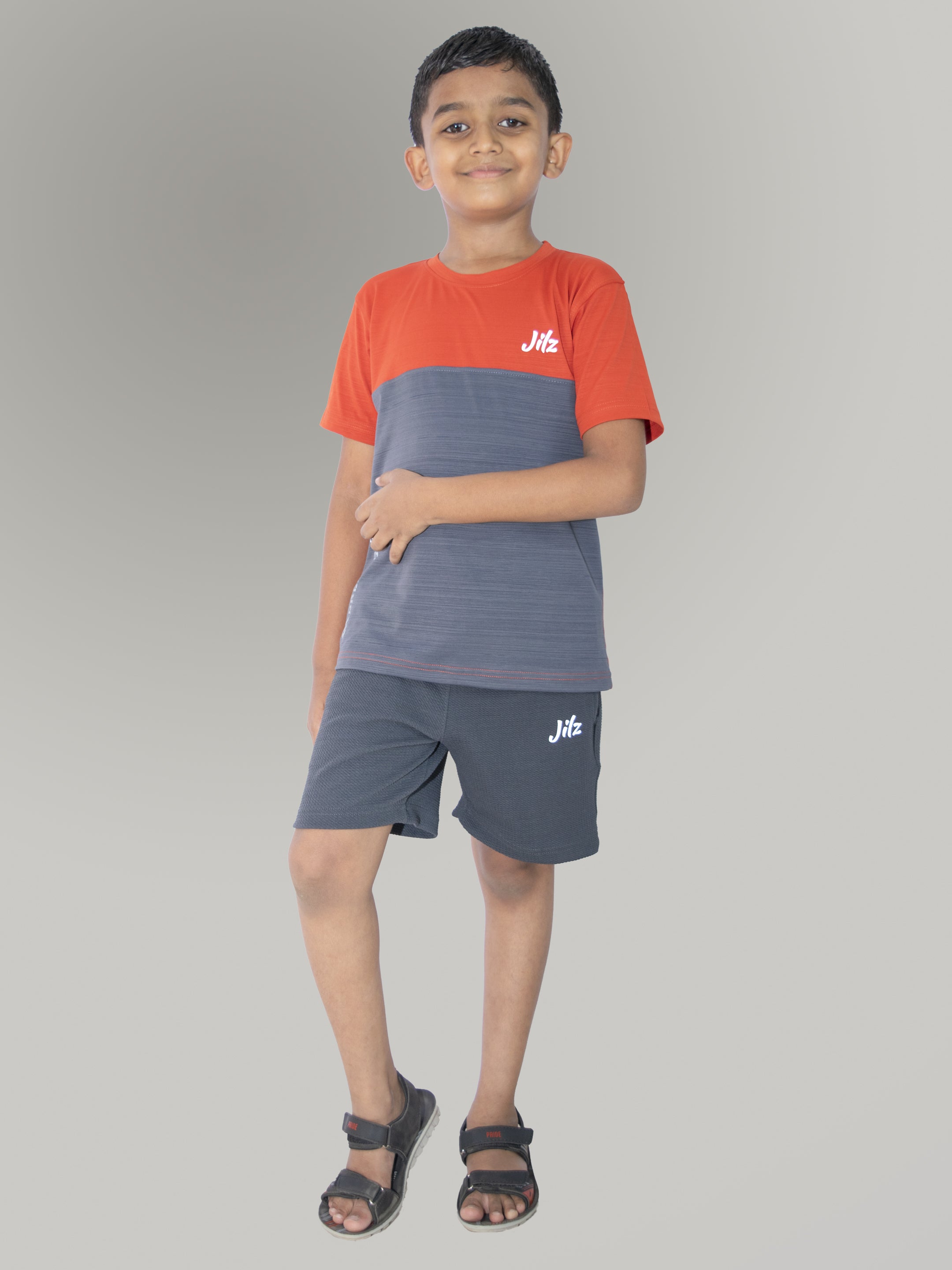 Jilz Boys Dry Fit T-Shirt and Shorts Combo - Orange, Grey