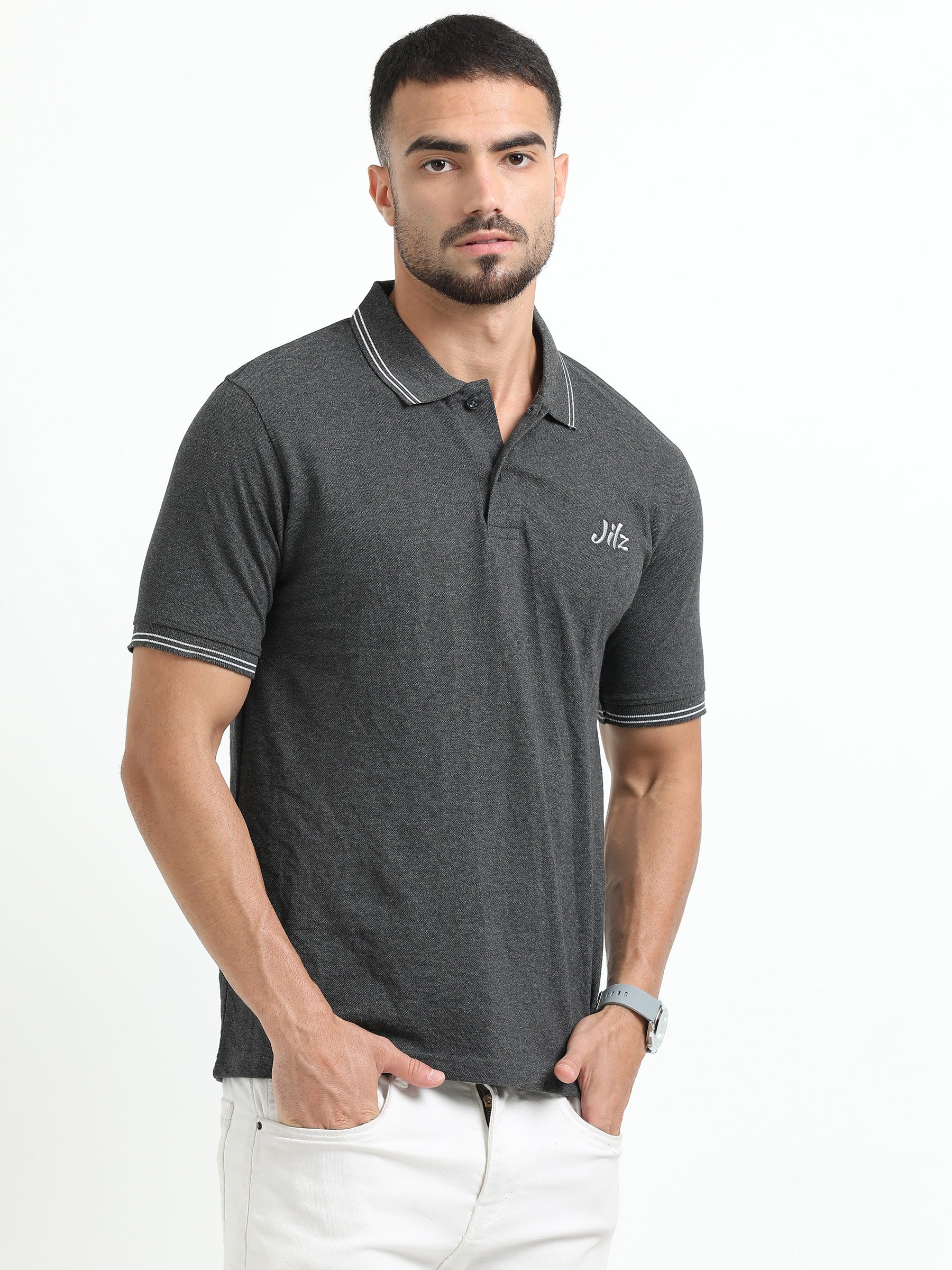 Jilz Men's Cotton Polo T-Shirt - Charcoal Melange