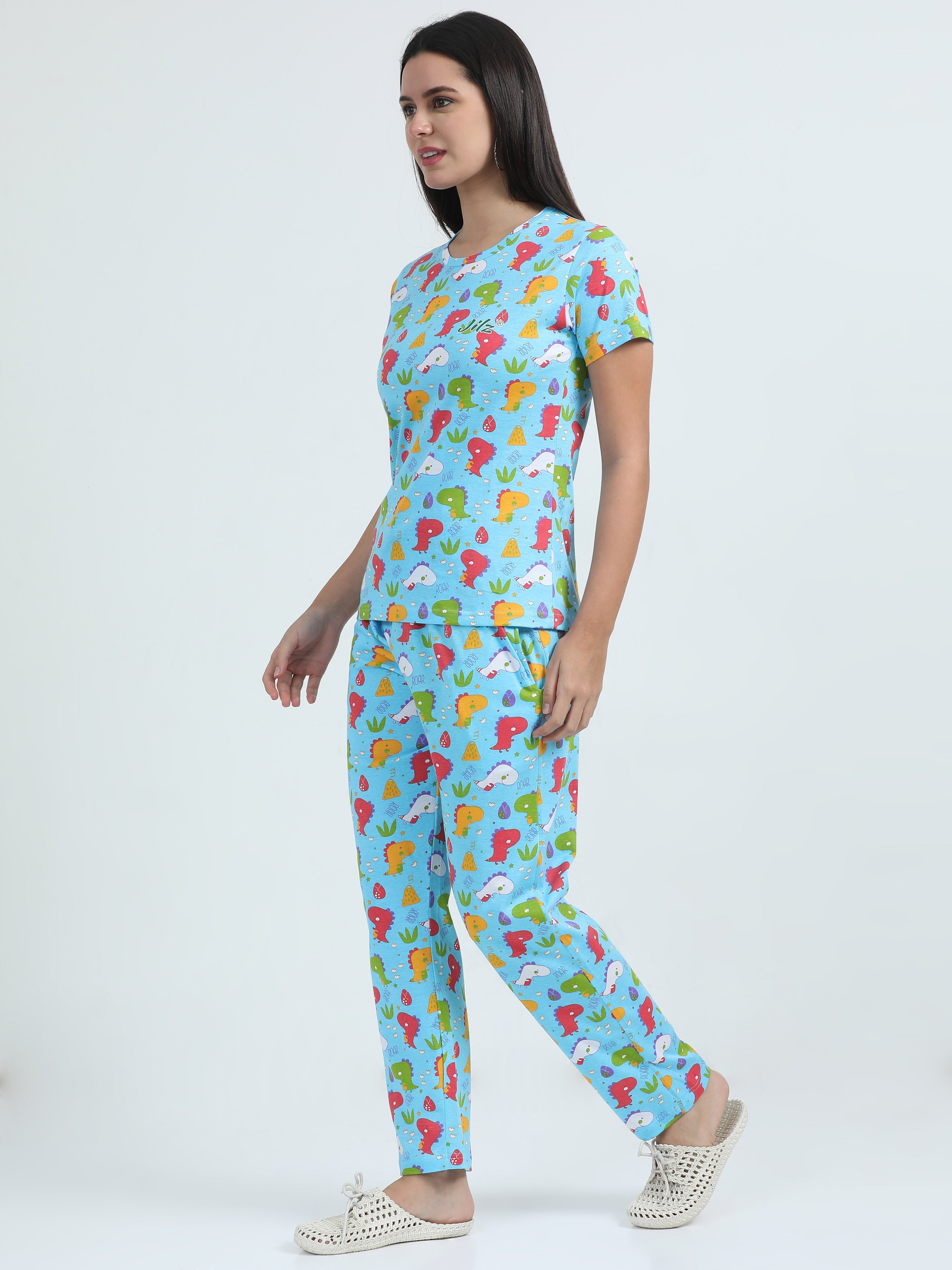 Jilz Women's Cotton Night Suite Set - Green, Blue