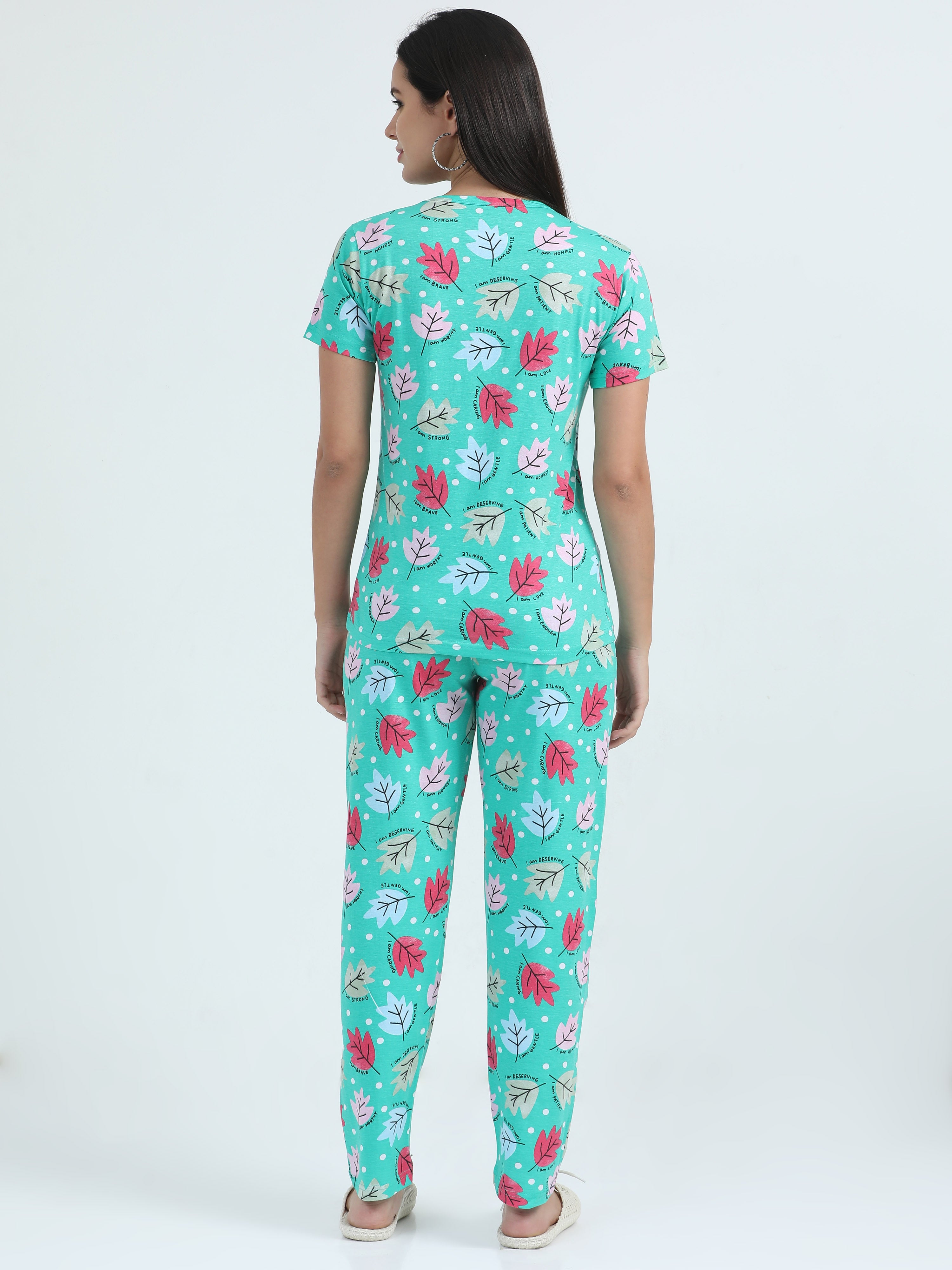 Jilz Women's Cotton Night Suite Set - Green, Coral